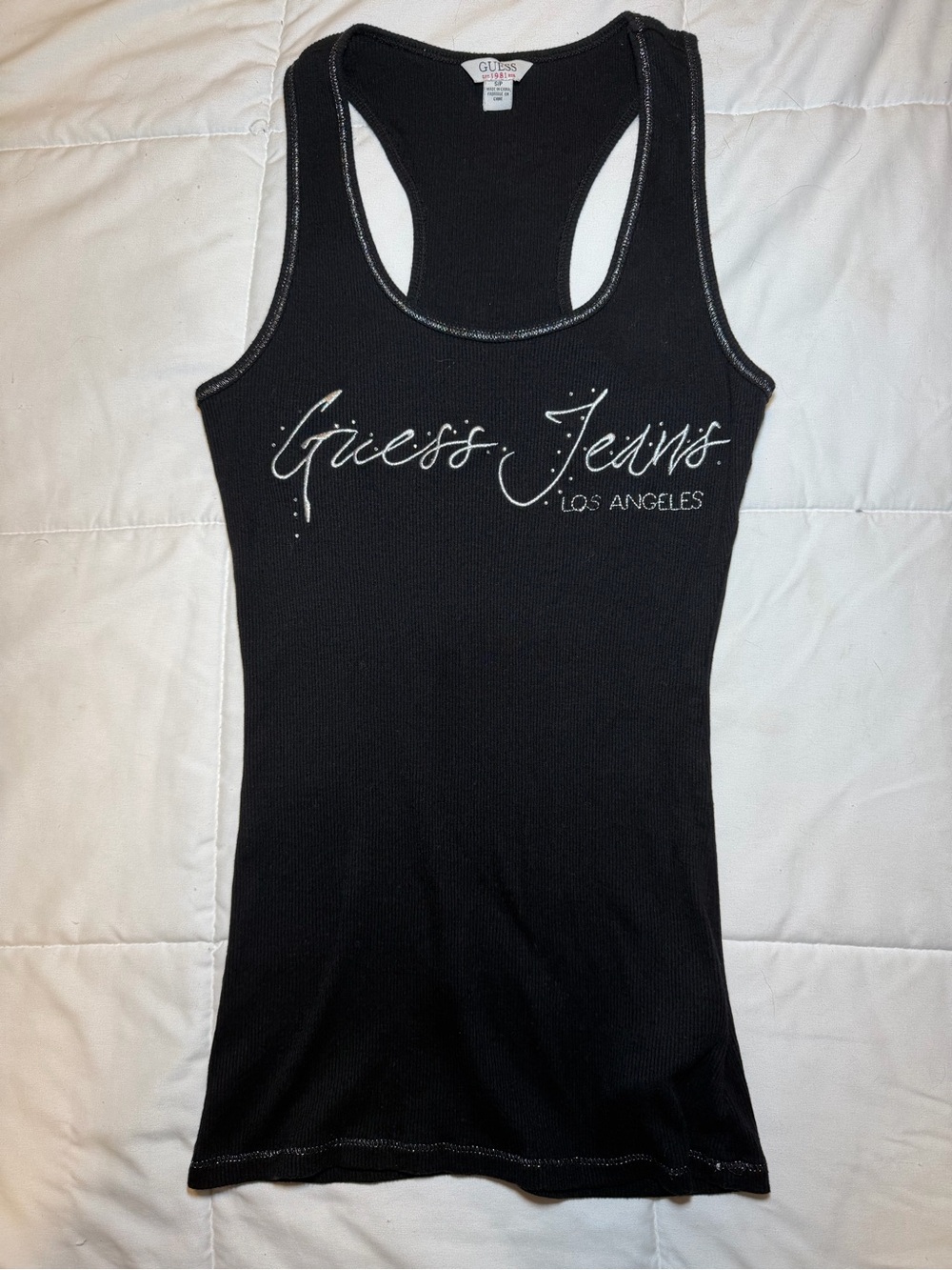 Guess Black Ribbed Racerback Tank with White Script Logo